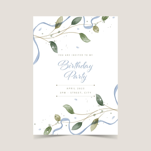 Invitación para fiesta de cumpleaños en estilo rústico. Diseño de tarjeta de plantilla Floral acuarela verde.