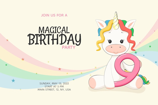 Vector invitación a fiesta de cumpleaños infantil mágica de 9 años con un lindo unicornio arcoíris