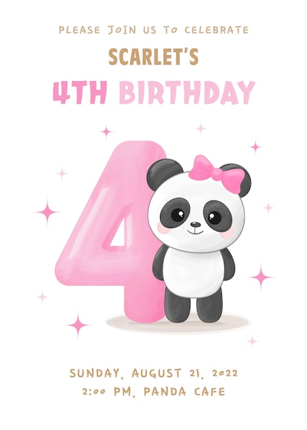 Invitación de fiesta de cumpleaños con linda niña panda con globo rosa número cuatro y lazo