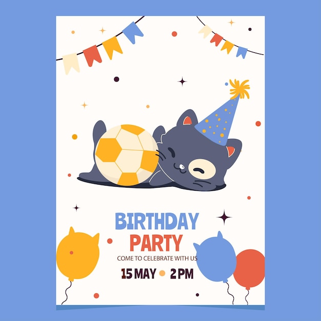 Invitación a una fiesta de cumpleaños con un lindo gato de dibujos animados jugando con una pelota