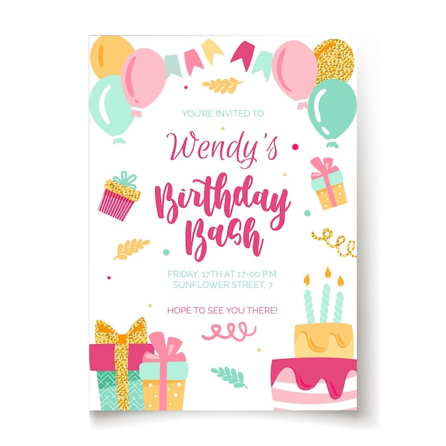 Vector invitación a fiesta de cumpleaños. plantilla de fiesta de cumpleaños con pastel de letras en estilo infantil para designin