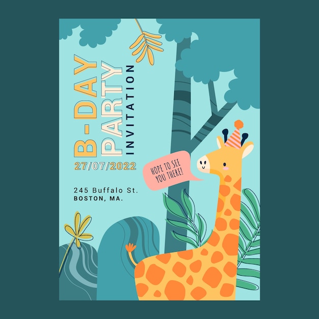 Invitación de fiesta de cumpleaños de selva de diseño plano dibujado a mano