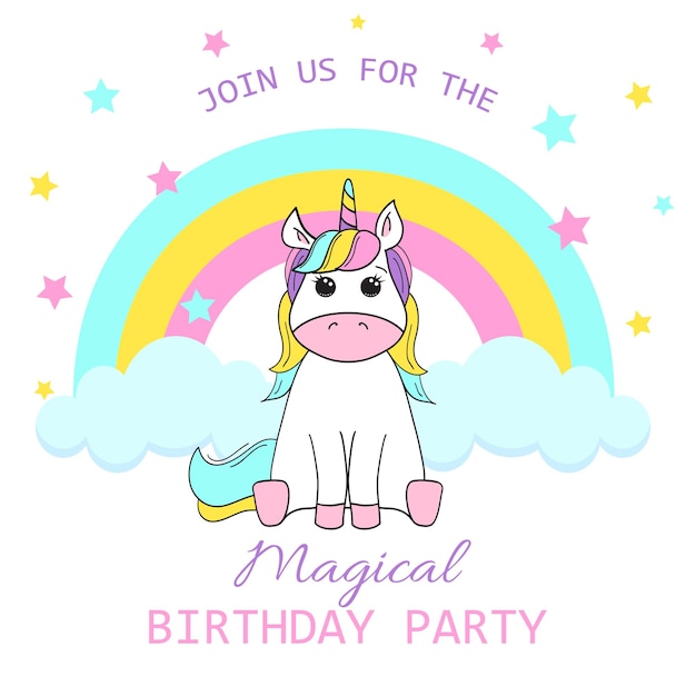 Vector invitación de fiesta de cumpleaños con un unicornio bebé ilustración vectorial sobre fondo blanco