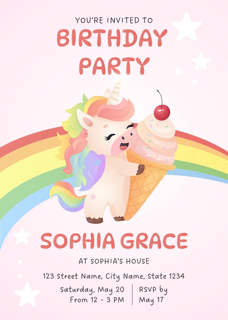 Vector invitación a la fiesta de cumpleaños del unicornio con helado arco iris