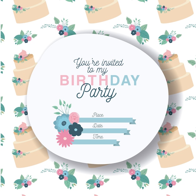 Vector invitación de fiesta feliz cumpleaños con decoración floral y pastel