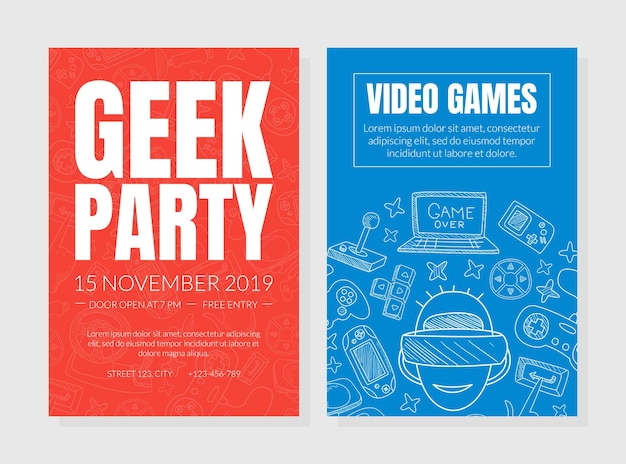 Vector invitación a una fiesta de geeks con un patrón de los contornos de la computadora y el equipo de juegos ilustración vectorial