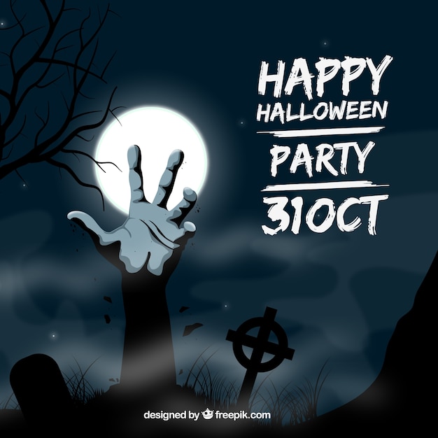 Vector invitación de fiesta de halloween con una mano zombie