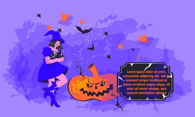 Invitación de fiesta de Halloween con mujer en ilustración de vector de vestido de bruja