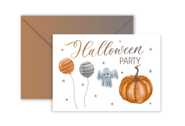 Invitación a la fiesta de halloween o tarjeta de felicitación con símbolos tradicionales de acuarela