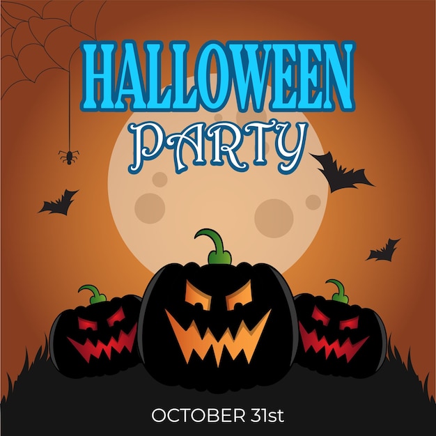 Invitación a la fiesta de Halloween con silueta de calabazas aterradoras, murciélagos y luna llena