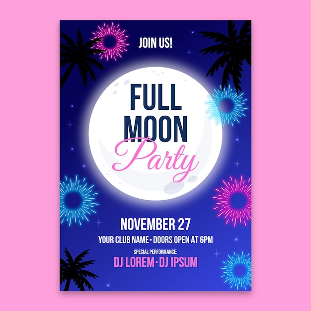 Invitación a fiesta de luna llena de diseño plano