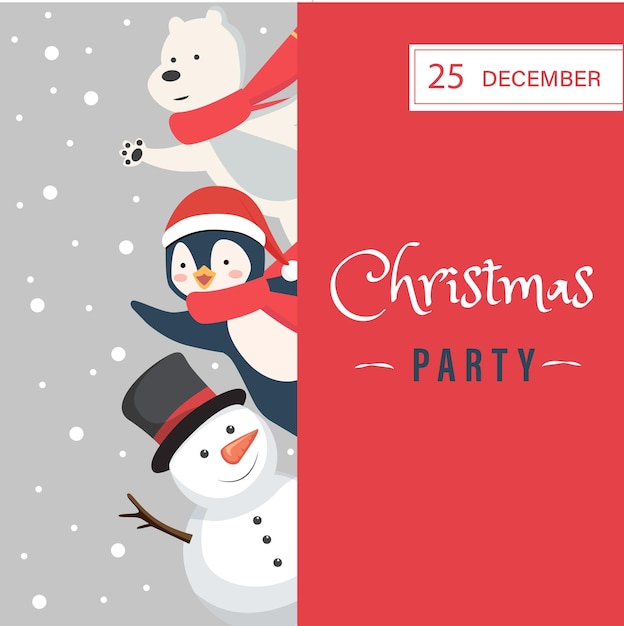 Invitación para fiesta de navidad con animales pingüino oso polar muñeco de nieve