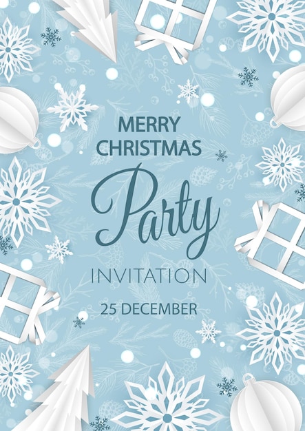 Vector invitación de fiesta de navidad feliz. feliz año nuevo decoración de la tarjeta. fondo de invierno. vacaciones estacionales.