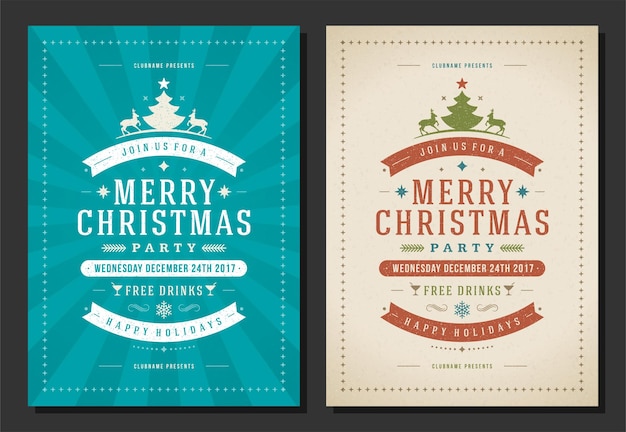 Invitación a la fiesta de Navidad tipografía retro y elementos de decoración