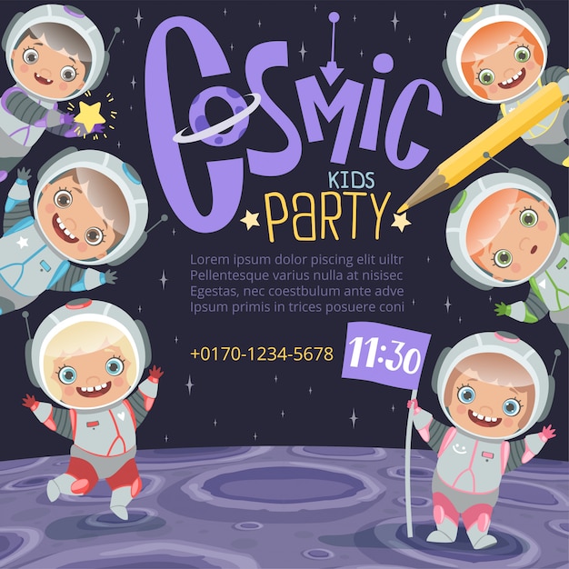 Invitación a fiesta de niños. Fondo de espacio de dibujos animados para niños astronautas con lugar para vector de texto