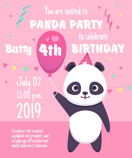 Invitación a fiesta de niños. Tarjetas de felicitación de personajes de panda con plantilla de cartel de celebración de fiesta de animales de osito lindo
