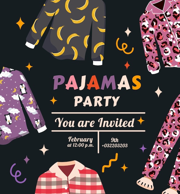 Invitación a una fiesta de pijama en un estilo plano de moda ilustración vectorial colores vibrantes