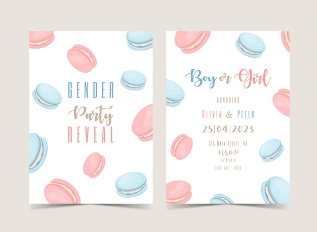 Invitación para fiesta de revelación de género con macarons azul y rosa