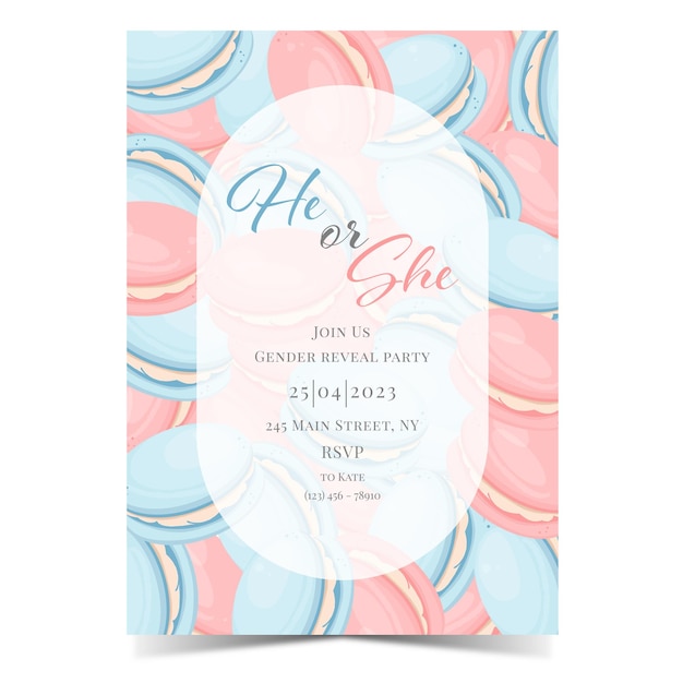 Invitación para fiesta de revelación de género con macarons azul y rosa