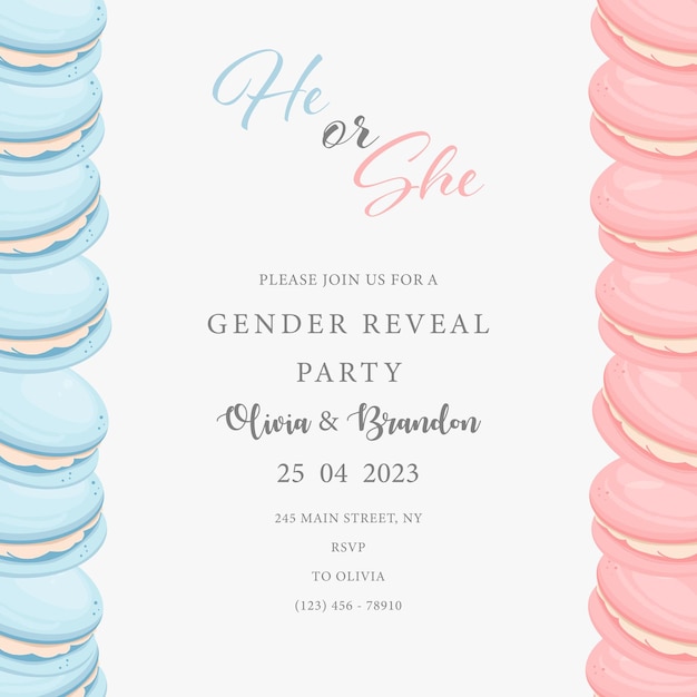 Invitación para fiesta de revelación de género con macarons azul y rosa