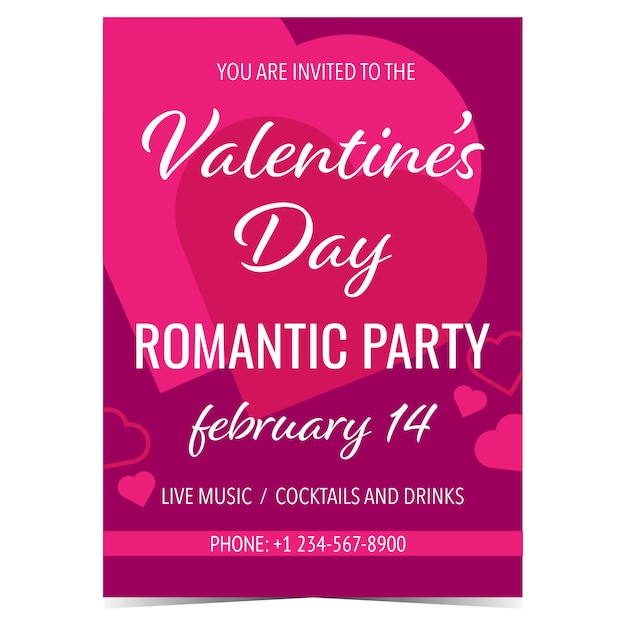Invitación a fiesta romántica de San Valentín para celebrar la Fiesta de San Valentín el 14 de febrero.