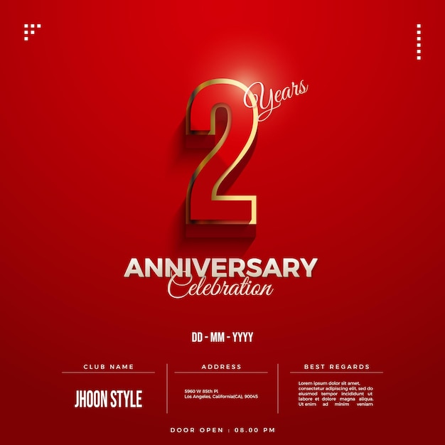 Invitación a la fiesta del segundo aniversario con números con bordes dorados.