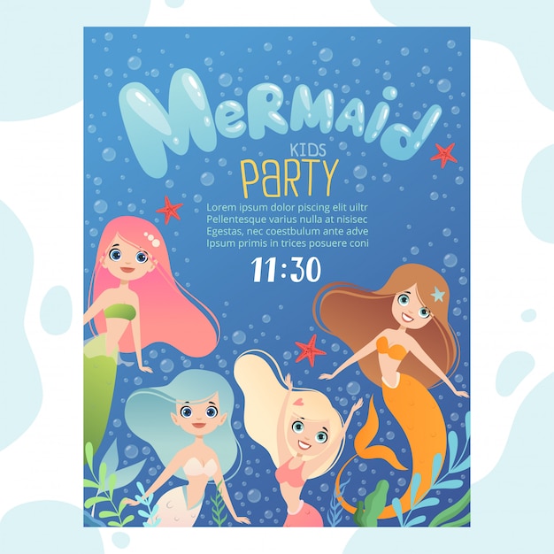 Invitación de fiesta de sirena. la plantilla de diseño invita a los niños a las tarjetas de cumpleaños con divertidos personajes bajo el agua, peces y la joven princesa sirena