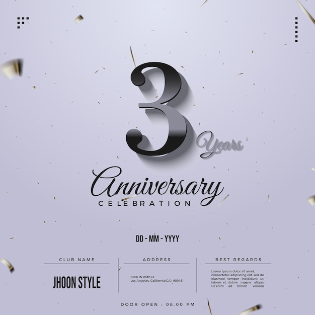 Invitación a la fiesta del tercer aniversario con números brillantes