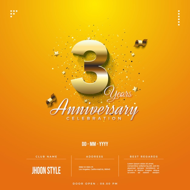 Invitación a la fiesta del tercer aniversario con números dorados brillantes