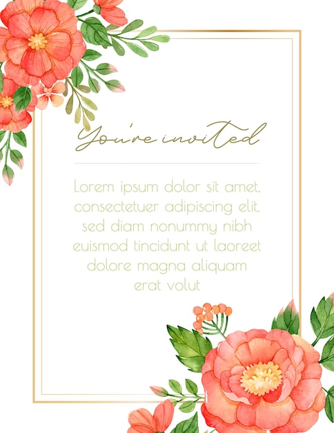 Invitación floral en acuarela con ramos de rosas rojas y marco dorado