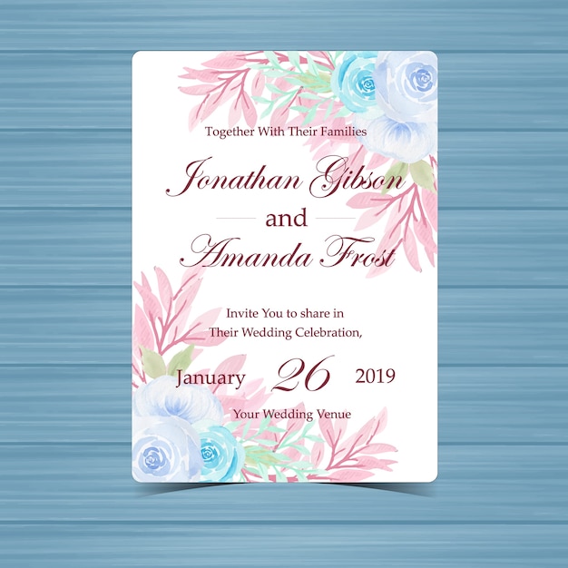 Invitación floral de la boda de la acuarela con las rosas en colores pastel