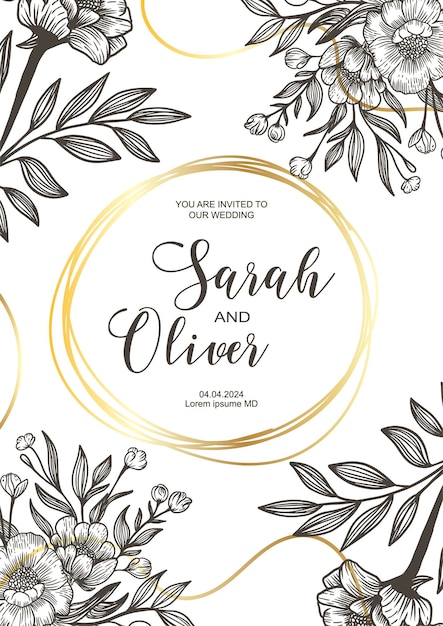 Invitación floral de boda diseño floral con oro