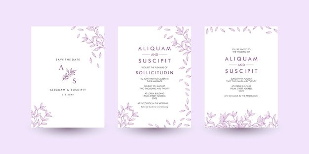 Invitación floral de boda elegante con hojas de quince y elegante ilustración vectorial de letras