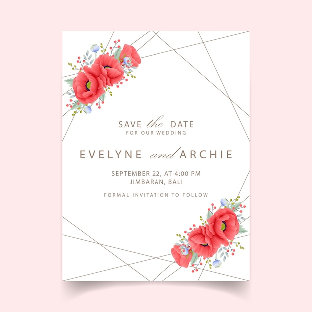 Vector invitación floral de la boda con la flor de la amapola