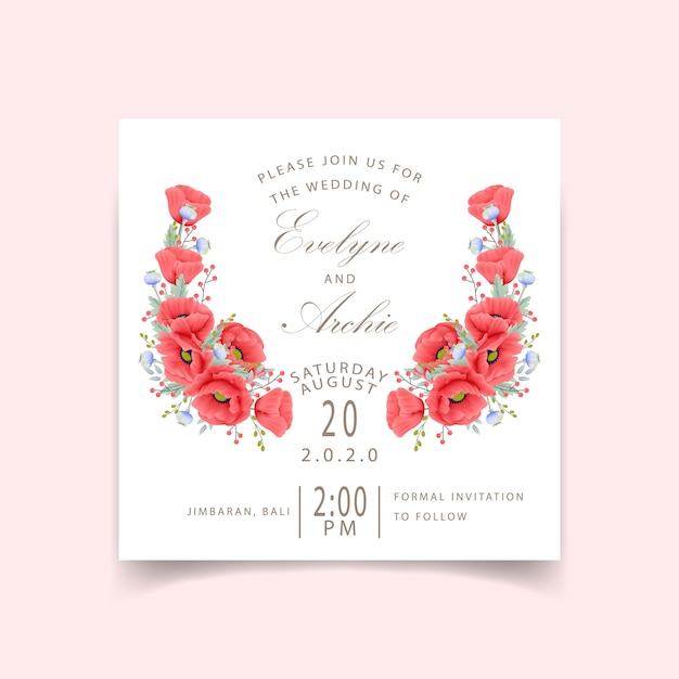 Invitación floral de la boda con la flor de la amapola