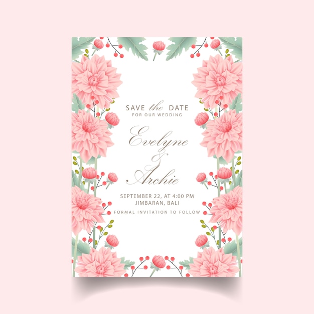 Invitación floral de la boda con la flor de la dalia