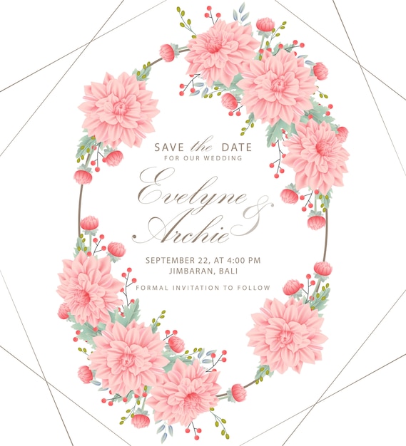 Invitación floral de la boda con la flor de la dalia