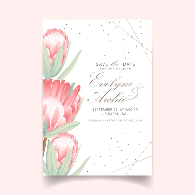 Invitación floral de la boda con la flor protea