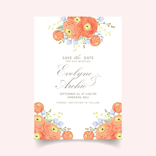 Invitación floral de la boda con la flor del ranúnculo