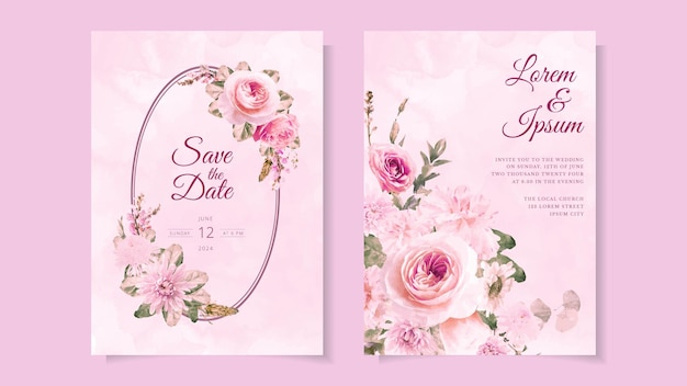 Invitación floral hermosa de la tarjeta de boda en la invitación rosada de las flores del tema del amor