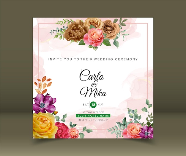 Una invitación floral rosa y amarilla para una boda.