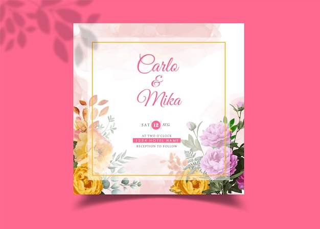 Una invitación floral rosa y dorada para una boda.