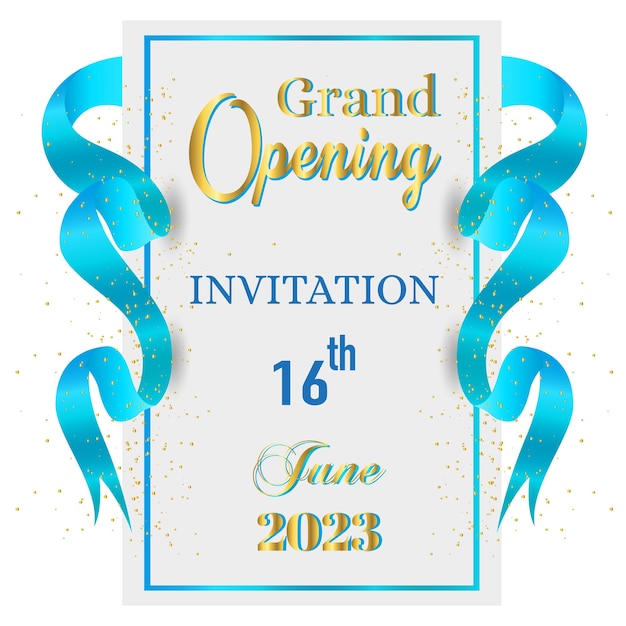 Vector invitación de gran inauguración el 16 de junio con confeti y cinta verde