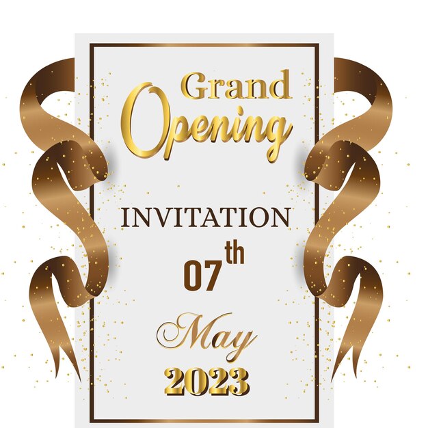 Invitación de gran inauguración el 7 de mayo con cinta y confeti