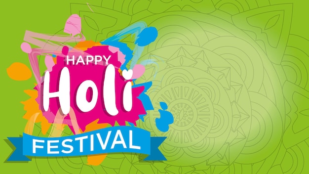 Invitación horizontal sobre fondo verde con mandala al festival holi