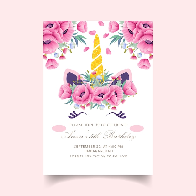 Vector invitación de los niños del cumpleaños del unicornio