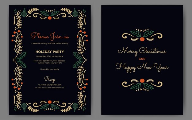 Invitación o cartel de fiesta de Navidad con adorno de marco floral