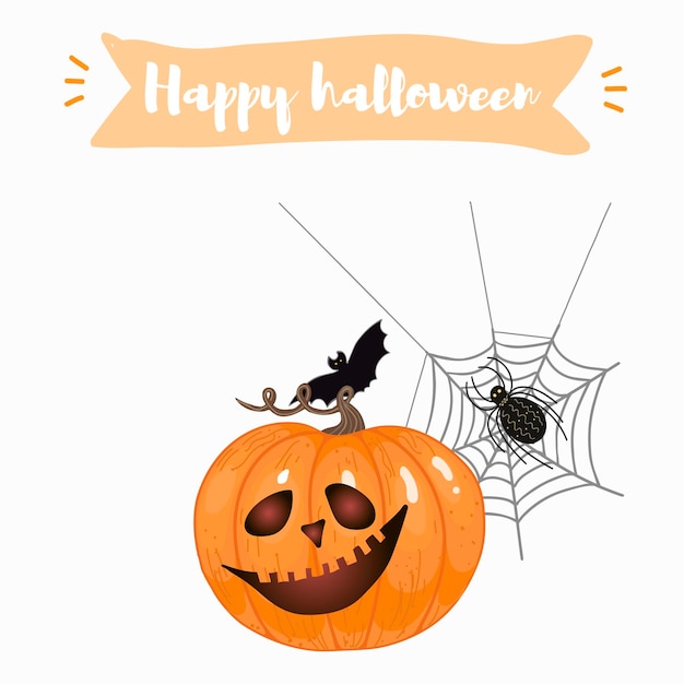 Invitación o tarjetas de felicitación dibujadas a mano para Halloween calabaza con tela de araña murciélago Ilustración vectorial
