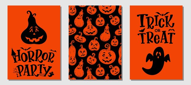 Invitación o tarjetas de felicitación dibujadas a mano de Halloween. Símbolos tradicionales de halloween: calabaza, fantasma, murciélago y letras escritas a mano. Folleto, pancarta, plantillas de carteles.