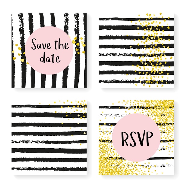 Invitación de oro brillante. Fondo de pantalla de White Holiday. Textil dorado brillante. Tarjeta de raya luminosa. Elemento romántico. Conjunto de revistas dibujadas a mano. Folleto minimalista negro. Invitación de rayas de oro brillante